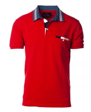 Short sleeve polo-shirt, RED piqu fancy DENIM collar with pocket