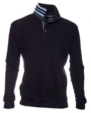 Long-Sleeve Textured Knit Polo with Denim Details  Sobriety and Elegance