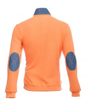 Polo manches longues, toucher doux ORANGE coudires denim