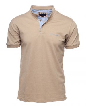 Beige Piqu Knit Polo with Mandarin Collar - Casual Elegance Made in Portugal