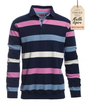 pink and blue striped polo shirt