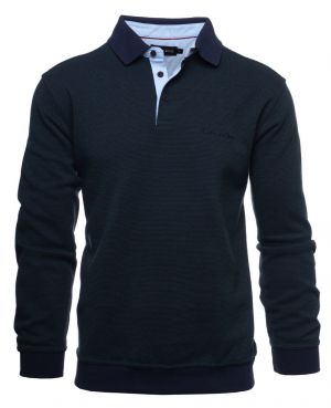 Men's polo shirt honeycomb knit long sleeves, PETROL BLUE