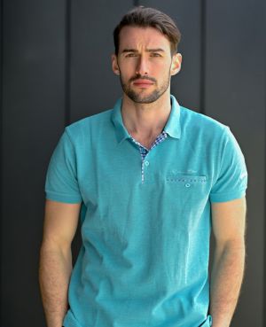 Short sleeve polo-shirt, TURQUOISE BLUE piqu with pocket