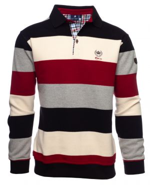 Long sleeve polo-shirt, RED BLACK WHITE GREY stripes