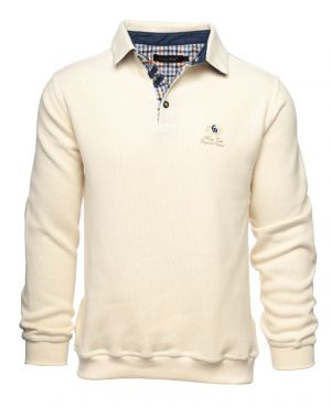 Long sleeve polo-shirt, soft touch ECRU denim elbows