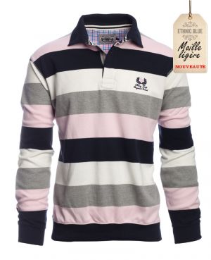 pink and blue striped polo shirt