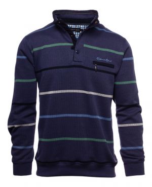High neck striped sweater zip and buttons denim blue green white black  stripes