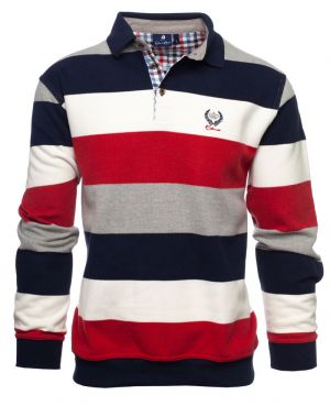 Long sleeve polo-shirt, RED NAVY WHITE GREY stripes