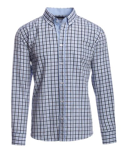 Men's shirt, long sleeves, navy sky blue white checkered, pocket ...