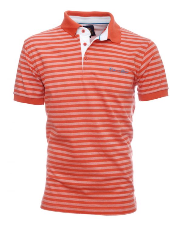 Men's polo, short sleeves, orange white stripes, piqué — Ethnic Blue