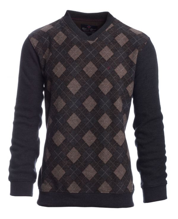 Men's long sleeve sweater v-neck, diamond pattern, ANTHRACITE BEIGE ...