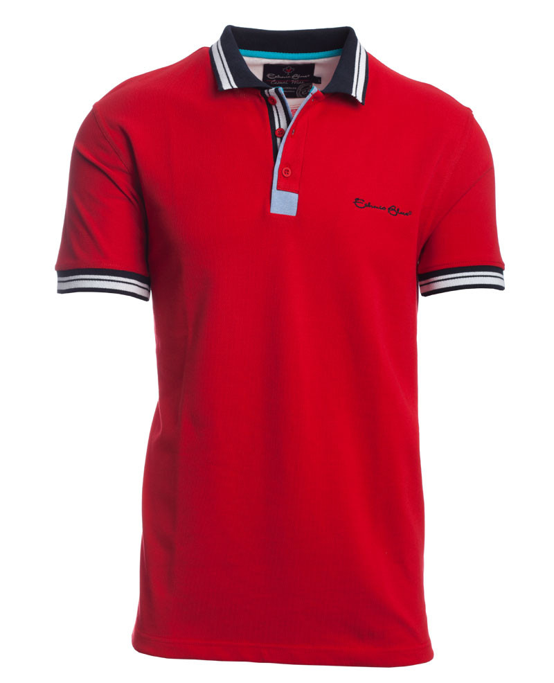 Men's polo, pique, short sleeves, striped collar, red / Short Sleeve