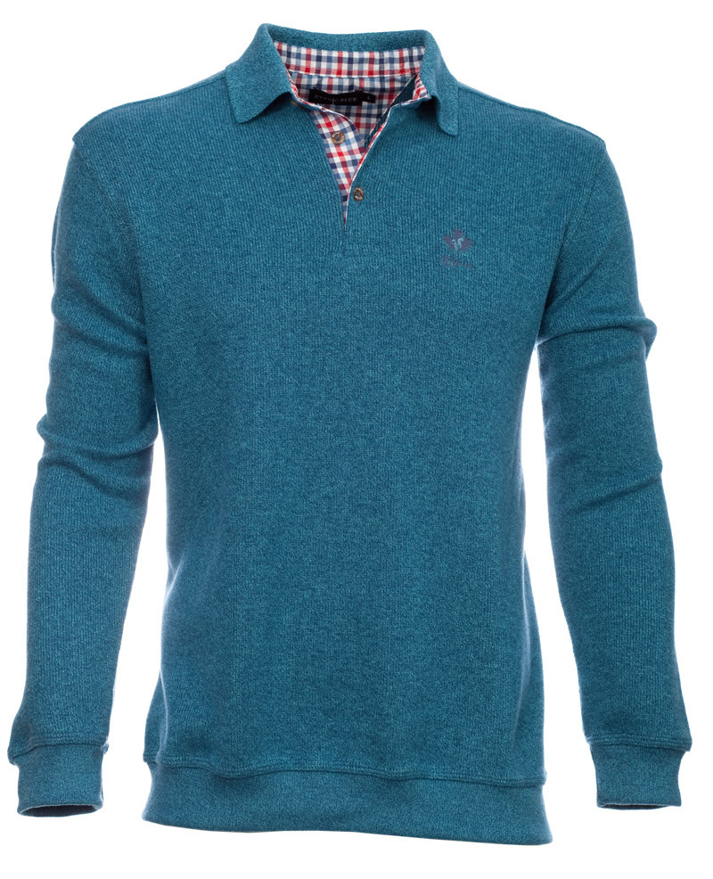 Men's polo, long sleeves, pacific blue, soft touch — Ethnic Blue