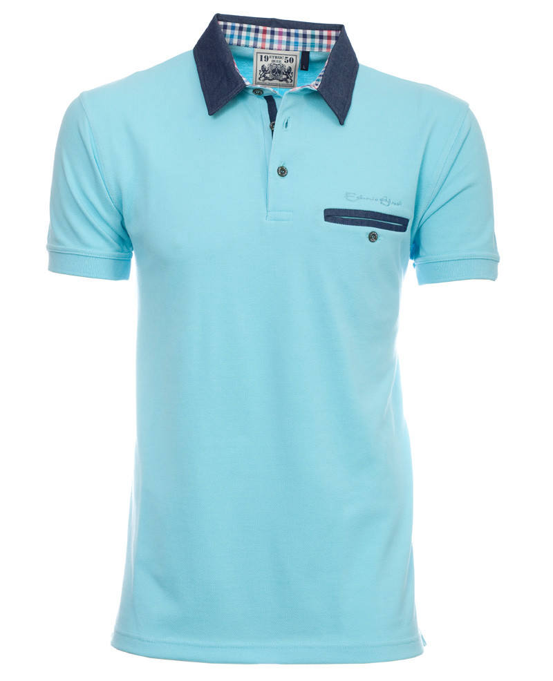 Men's polo, short sleeves, aqua piqué with pocket denim collar / Short ...