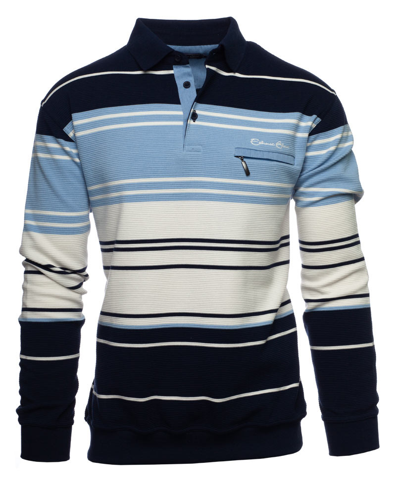 Men\'s Long sleeve polo-shirt, sky knit — Ethnic Blue Polo / white Stripe navy, ottoman