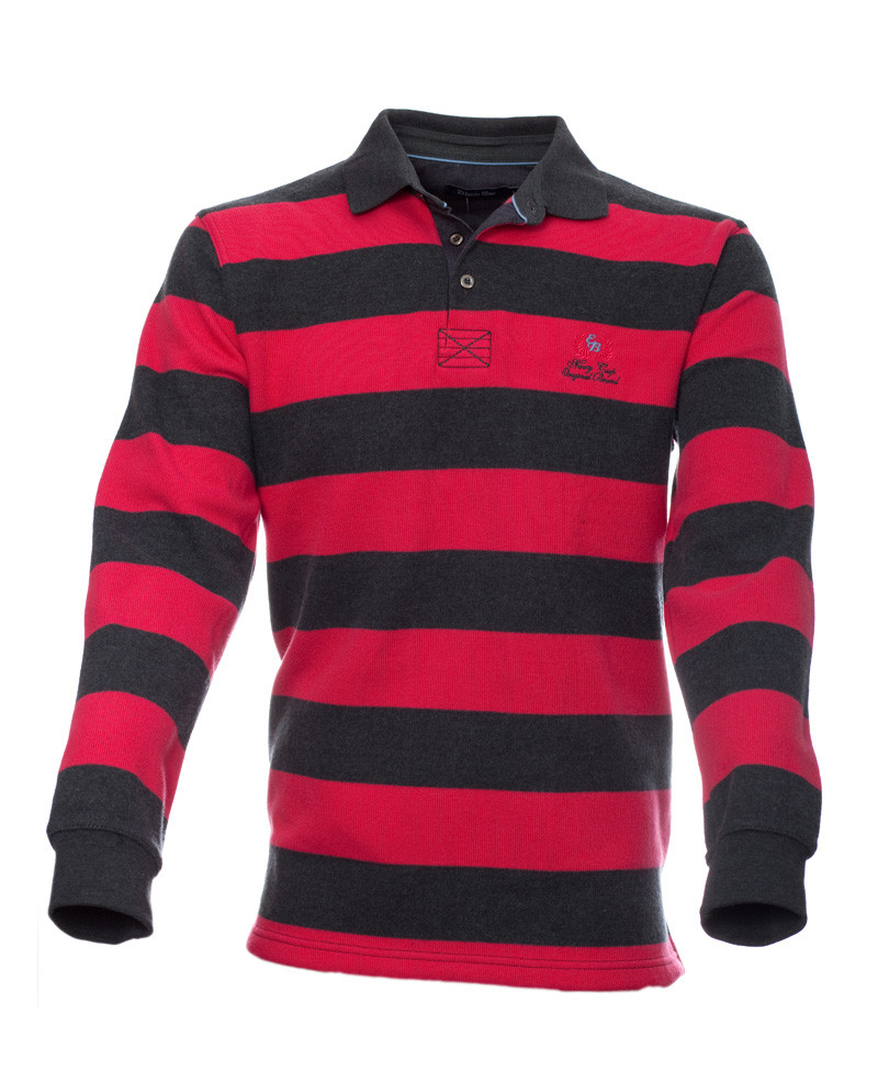 Men's polo, long sleeves, bright pink grey / Stripe Polo — Ethnic Blue