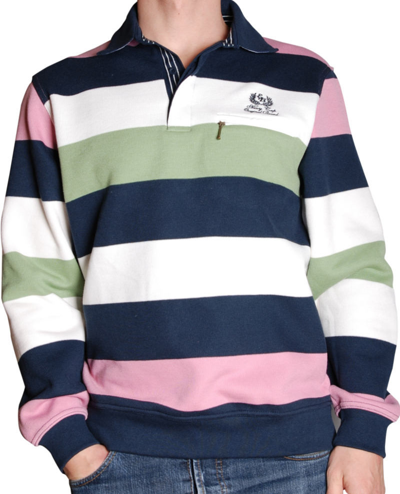 Polo rugby homme manches longues rayé marine rose / Polo Rayé