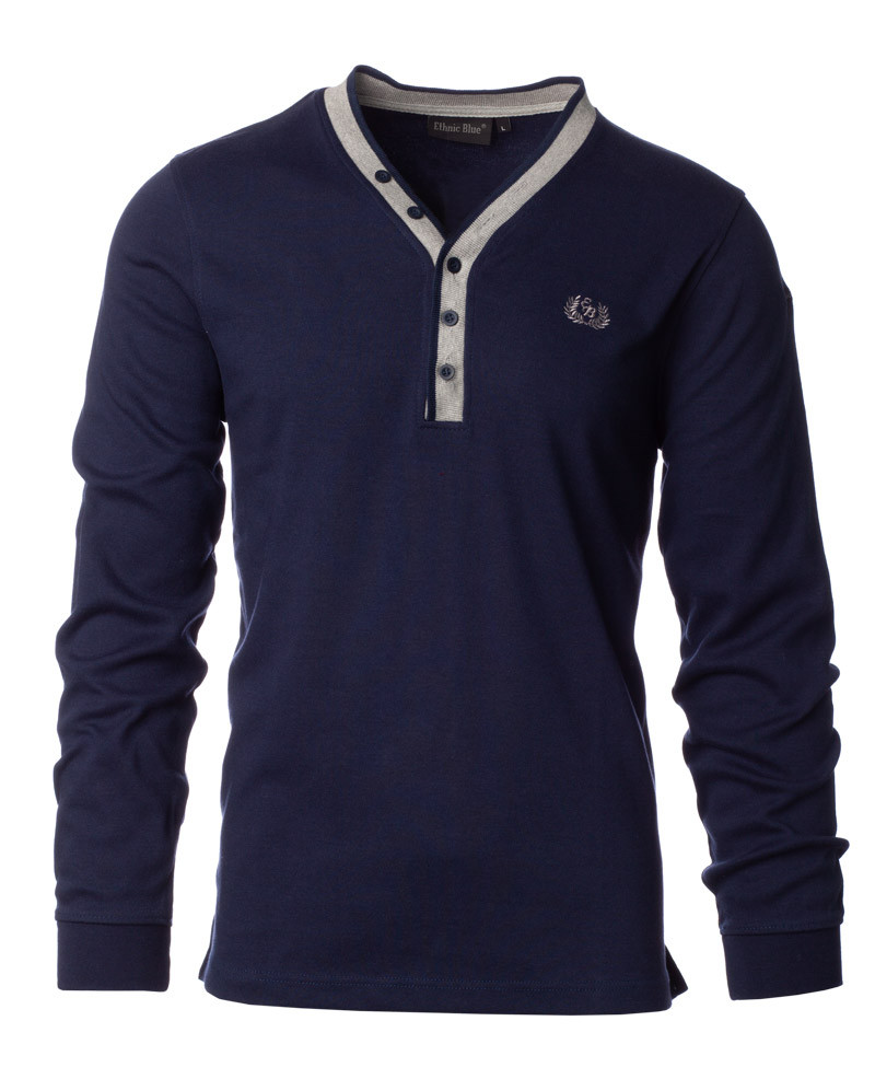 Polo Homme Uni Manches Longues MARINE Ethnic Blue