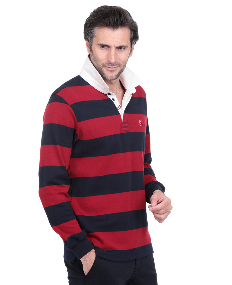 Polo rugby homme manches longues rayé marine rouge / Polo Rayé