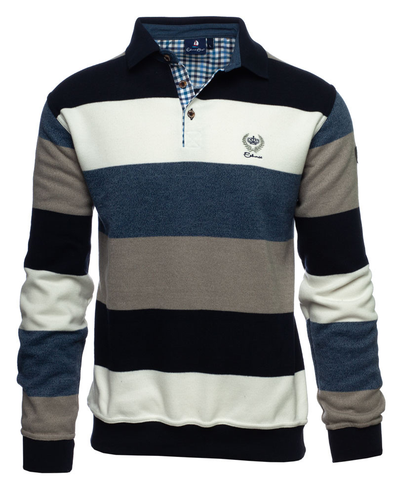 Men's polo, long sleeves, navy white grey blue stripes, soft touch / Stripe  Polo — Ethnic Blue