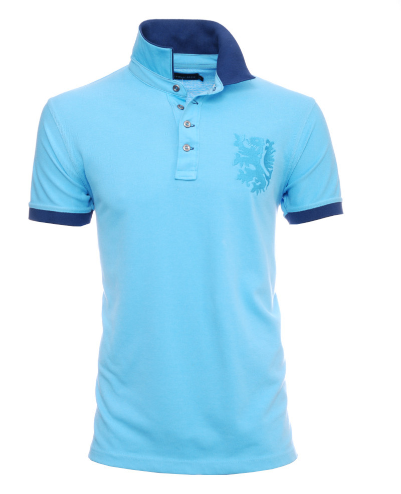 Men's polo, pique, short sleeves, sky blue 2 color collar, embroidery